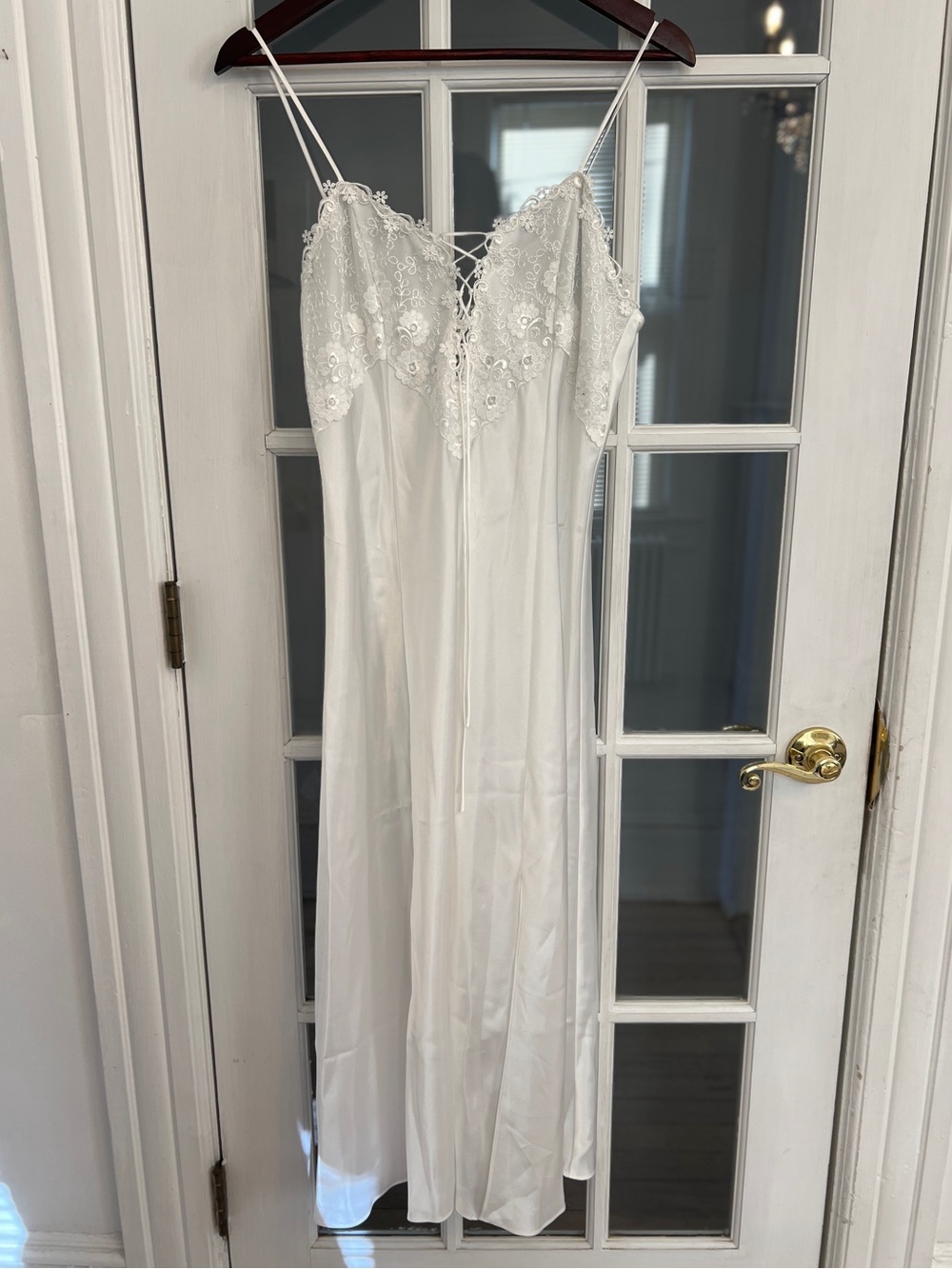 DENTELLE Women’s White Lace Trim Satin Slip Long Nightgown Size M